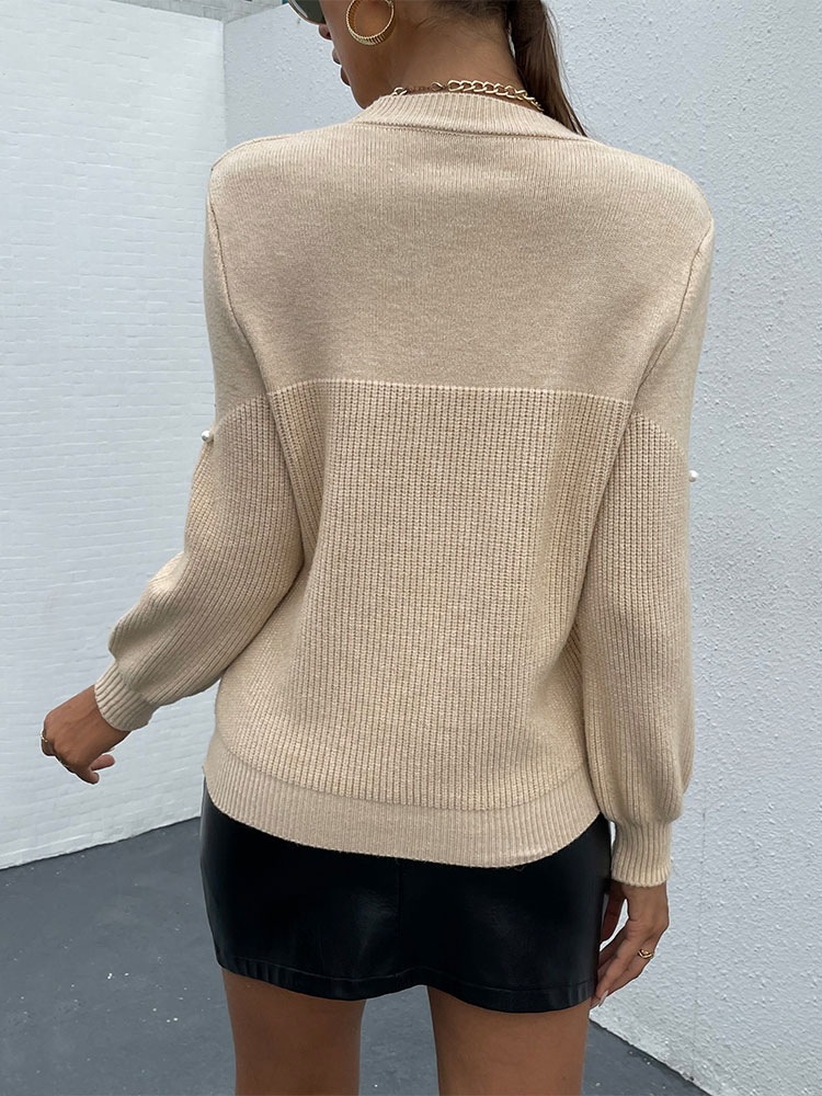 Women's Clothing Sweaters & Cardigans | Women Pullover Sweater Light Apricot Studded Jewel Neck Long Sleeves Stretch Polyester S