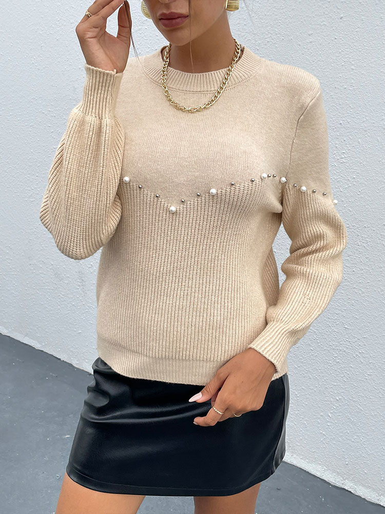 Women's Clothing Sweaters & Cardigans | Women Pullover Sweater Light Apricot Studded Jewel Neck Long Sleeves Stretch Polyester S