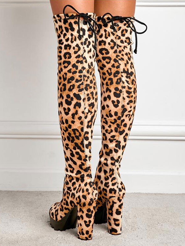 Women's Leopard Print Chunky Heel Platform Over the Knee Boots ...