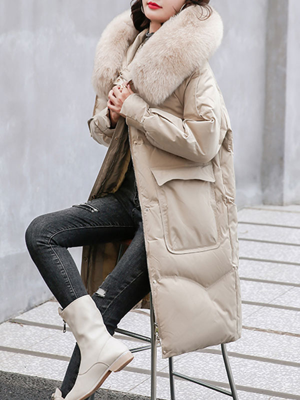 Puffer Coats For Women Light Sky Blue Faux Fur Collar Hooded Zipper