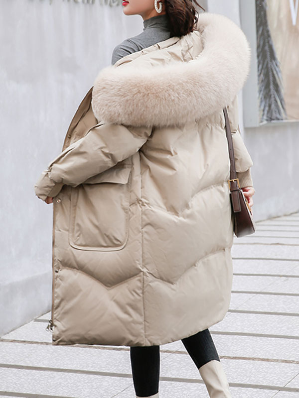 Puffer Coats For Women Light Sky Blue Faux Fur Collar Hooded Zipper