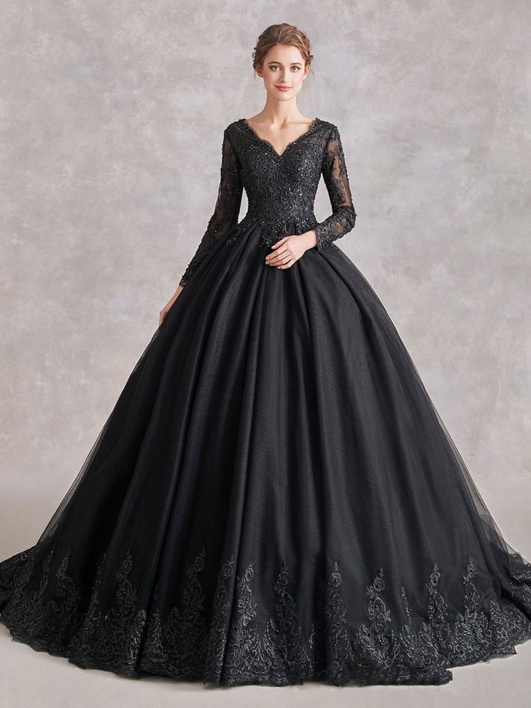 Boda Vestidos de novia | Vestidos de novia negros góticos Encaje A-Line Mangas largas Encaje con tren Vestido de novia - AM78441
