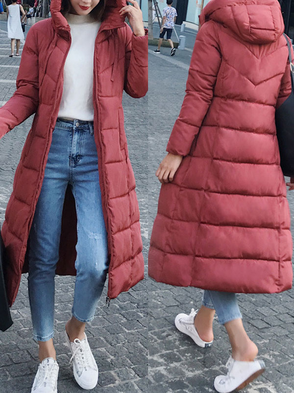 Women's Clothing Outerwear | Long Puffer Coats Watermelon Red Drawstring Hooded Zipper Long Sleeves Casual Thicken Long Winter Coat Cozy Active Outerwear - FP47507