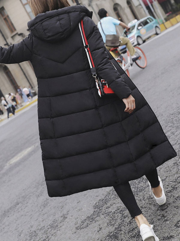 Women's Clothing Outerwear | Long Puffer Coats Watermelon Red Drawstring Hooded Zipper Long Sleeves Casual Thicken Long Winter Coat Cozy Active Outerwear - FP47507