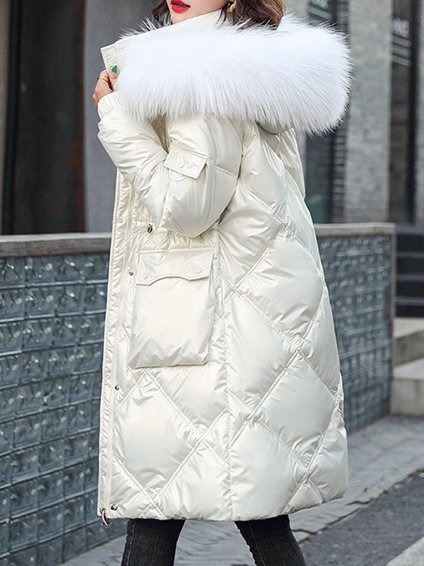 Women's Clothing Outerwear | Long Puffer Coats For Women White Faux Fur Stand Collar Zipper Long Sleeves Casual Thicken Long Winter Coat Cozy Active Outerwear - BL23252