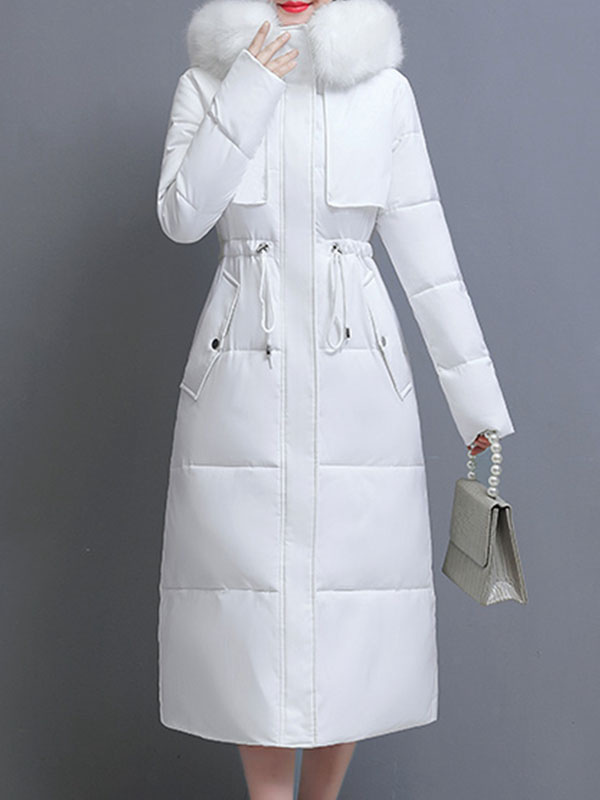 Women's Clothing Outerwear | Long Puffer Coats For Women White Hooded Faux Fur Collar Long Sleeves Polyester Cotton Winter Outerwear Cozy Active Outerwear - WZ32076