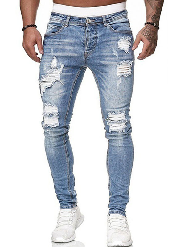 petróleo crudo fragmento Contiene Men Jeans Chic Distressed Antique Design Skinny Light Sky Blue Denim Pants  - Milanoo.com