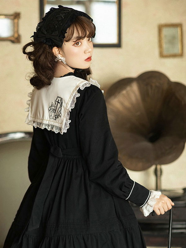 Gothic Lolita Op Dress Long Sleeve Bows Floral Print Pattern Cotton Black Lolita One Piece Dress Lolitashow Com