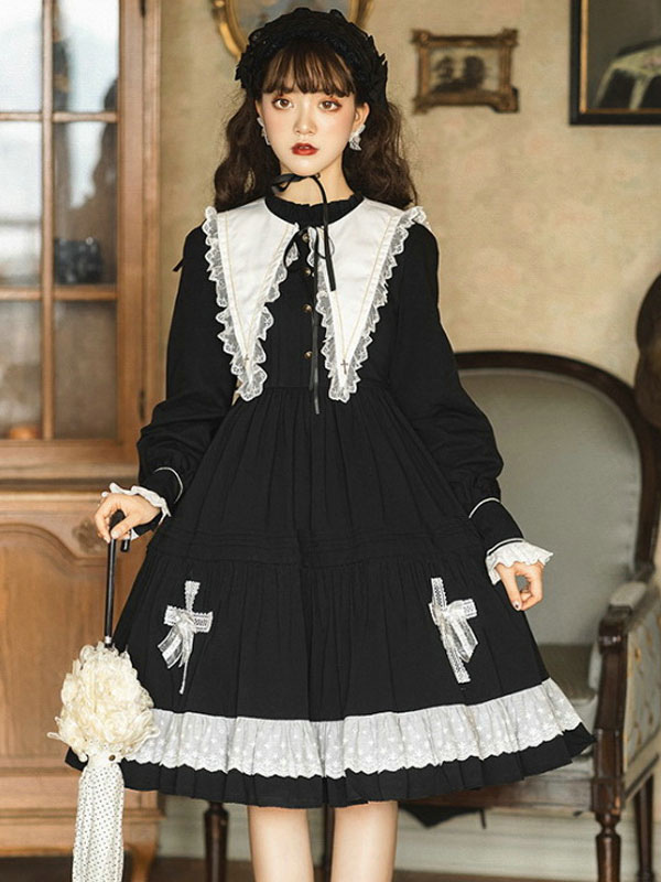 Gothic Lolita Op Dress Long Sleeve Bows Floral Print Pattern Cotton Black Lolita One Piece Dress Lolitashow Com