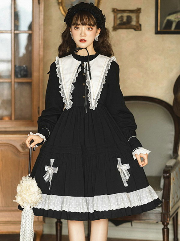 Gothic Lolita OP Dress Long Sleeve Bows Floral Print Pattern Cotton Black  Lolita One Piece Dress