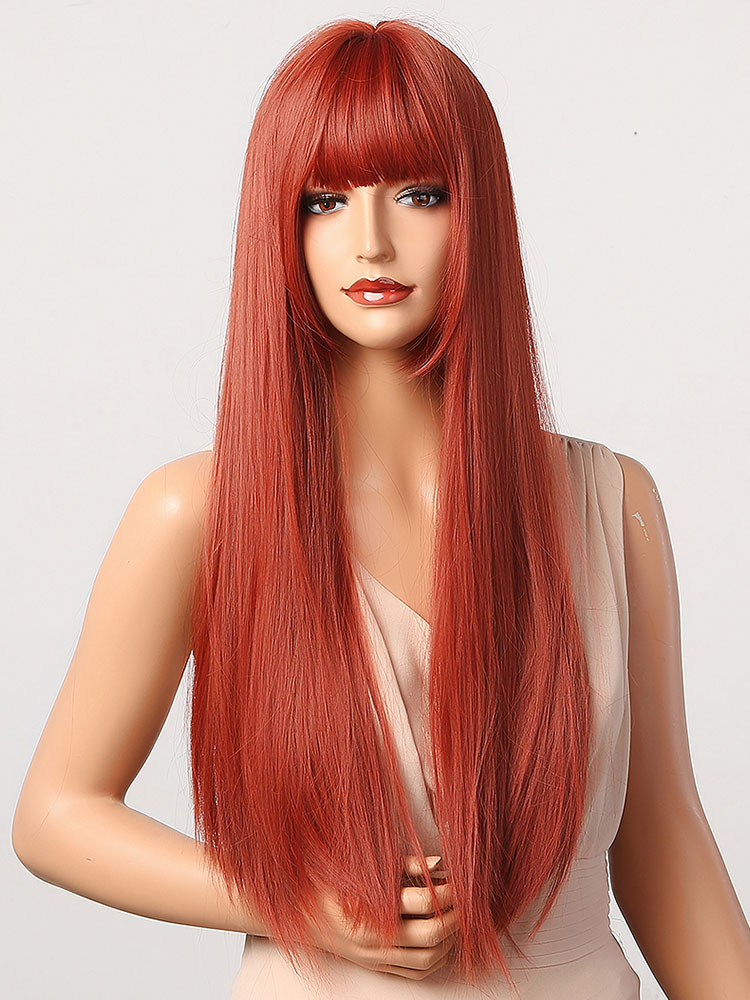 Women's Clothing Accessories | Women Long Wig Brick Red Straight Heat Resistant Fiber Tousled Long Synthetic Wigs - GQ70536