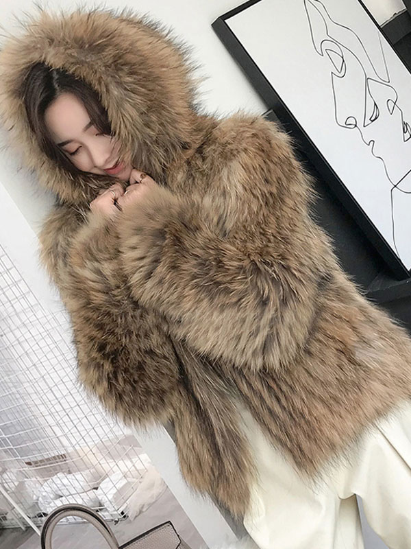 Women's Clothing Outerwear | Faux Fur Coats For Women Coffee Brown Long Sleeves Hooded Casual Winter Coat - DX83882