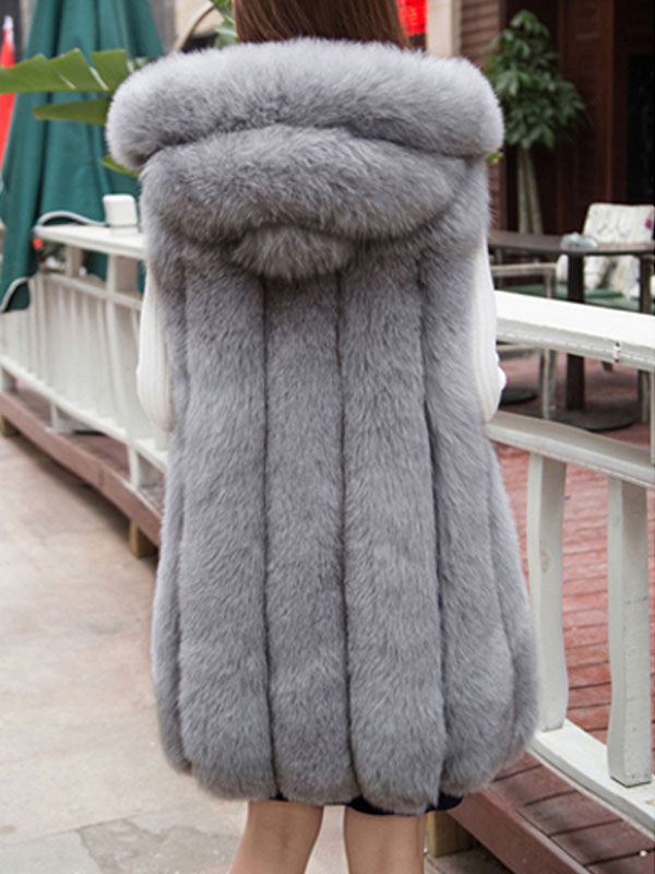Women's Clothing Outerwear | Faux Fur Coats For Women Grey Sleeveless Hooded Short Winter Coat - QA03155