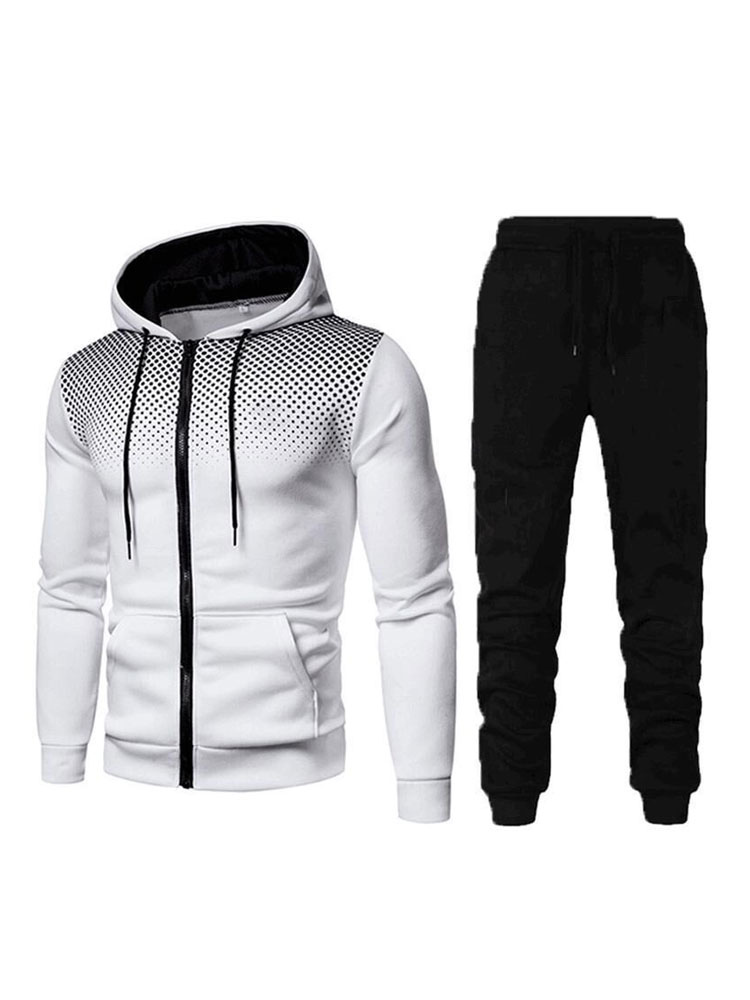 Men's Clothing Men's Activewear | Men Activewear 2-Piece Set Printed Long Sleeves Hooded White Activewear Outfit - VB99742