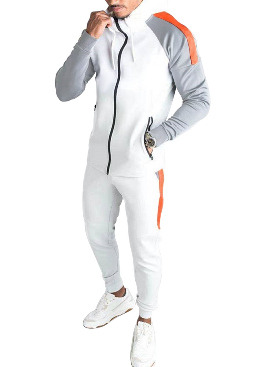 Conjunto 2 piezas de ropa deportiva para hombre, color block, mangas largas, cuello alto, ropa deportiva blanca Milanoo.com