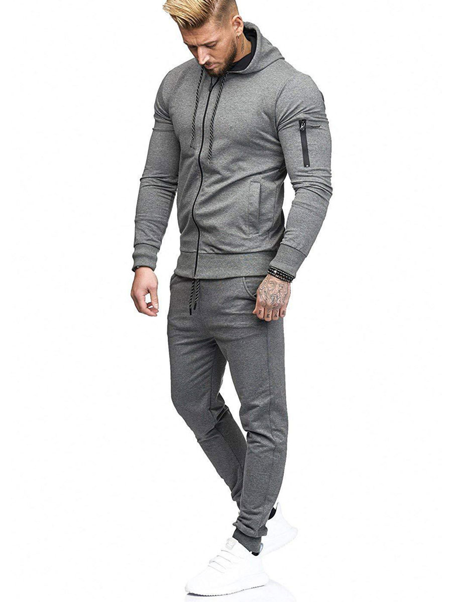 Conjunto de 2 piezas de ropa deportiva para hombre, manga larga, con  capucha, gris oscuro, ropa deportiva, conjunto 