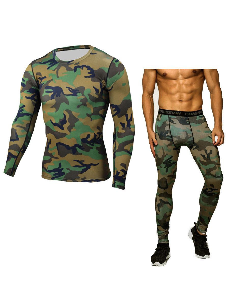 Men's Clothing Men's Activewear | Men Activewear 2-Piece Set Printed Long Sleeves Jewel Neck Hunter Green Activewear Outfit - PV