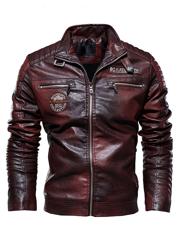 Men's Clothing Jackets & Coats | Leather Jacket For Man Chic Windbreaker Winter Burgundy Stylish Overcoat - PX17361