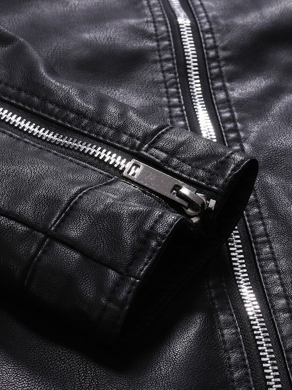 Men's Clothing Jackets & Coats | Men Leather Jacket Portrait Neckline Long Sleeves Casual Windbreaker Winter Black Stylish Coats - RV84404