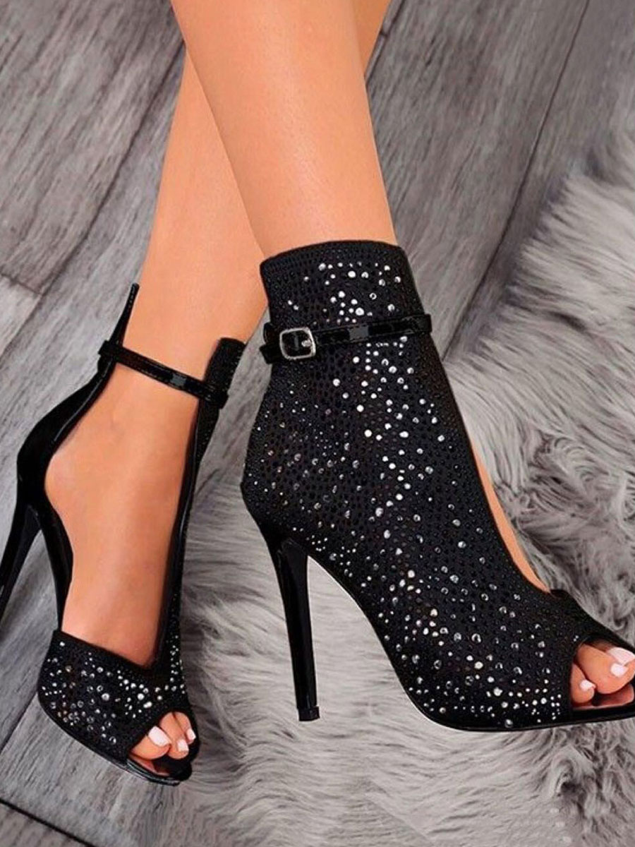 Zapatos de Mujer | Sandalias de mujer Diamantes de imitación Tacón de aguja Piel de gamuza Verano Sandalias de tacón negras - LU69640