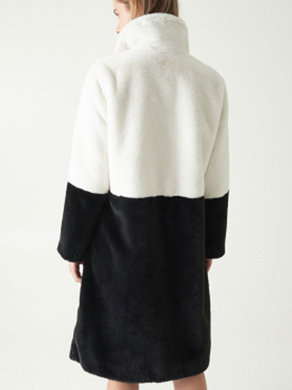 Women's Clothing Outerwear | Faux Fur Coats For Women Turndown Collar Long Sleeves Casual Two Tone Stretch V Neck White Long Coat - BU65598