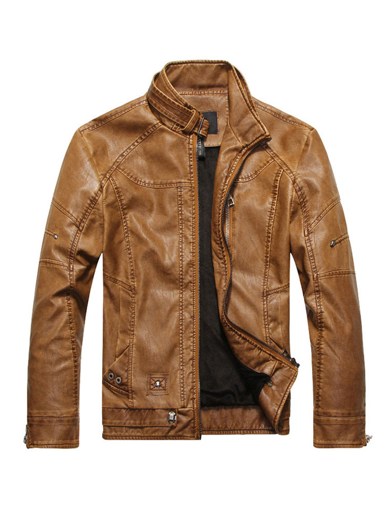 Men's Clothing Jackets & Coats | Leather Jacket For Man Casual Windbreaker Fall Coffee Brown Cool Leather Jacket - MR59841