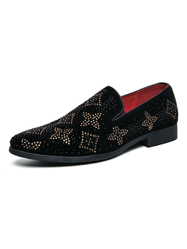 Shoes Men's Shoes | Men's Floral Rhinestones Dress Loafers in Black Prom Shoes - VA34183