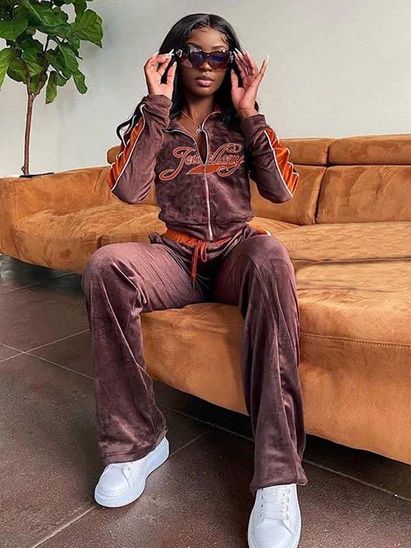 Women's Clothing Two Piece Sets | Two Piece Sets 1970S Vintage Tracksuit Deep Brown Polyester Zipper Drawstring Letters Print Fall Long Sleeves Turndown Collar Stretch Casual Top Pants Outfit For Women - BZ42073