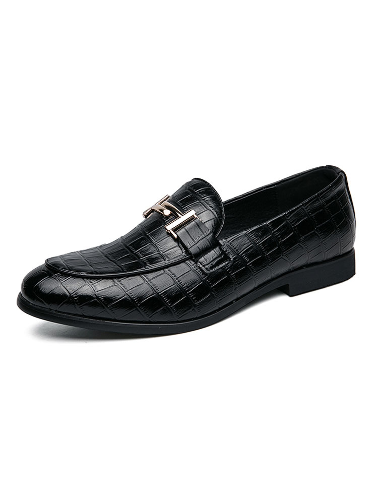 Zapatos de hombre | Zapatos holgados de hombre Moda PU Cuero Detalles metálicos Resbalón a cuadros en mocasines negros - NX06709