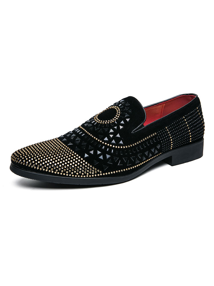 Zapatos de hombre | Zapatos mocasines para hombre Mocasines negros de cuero PU con punta redonda y tachuelas sin cordones - KN32017