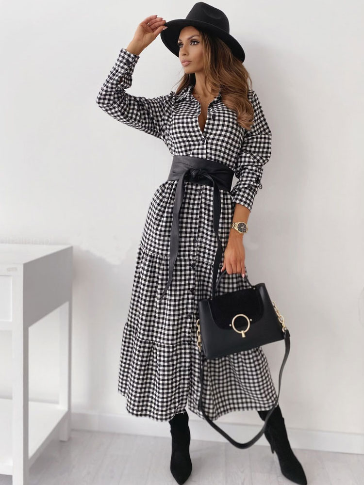 Women's Clothing Dresses | Maxi Dress Turndown Collar Long Sleeves Polyester Plaid Pattern Lace Up Floor Length Dress - PO84765