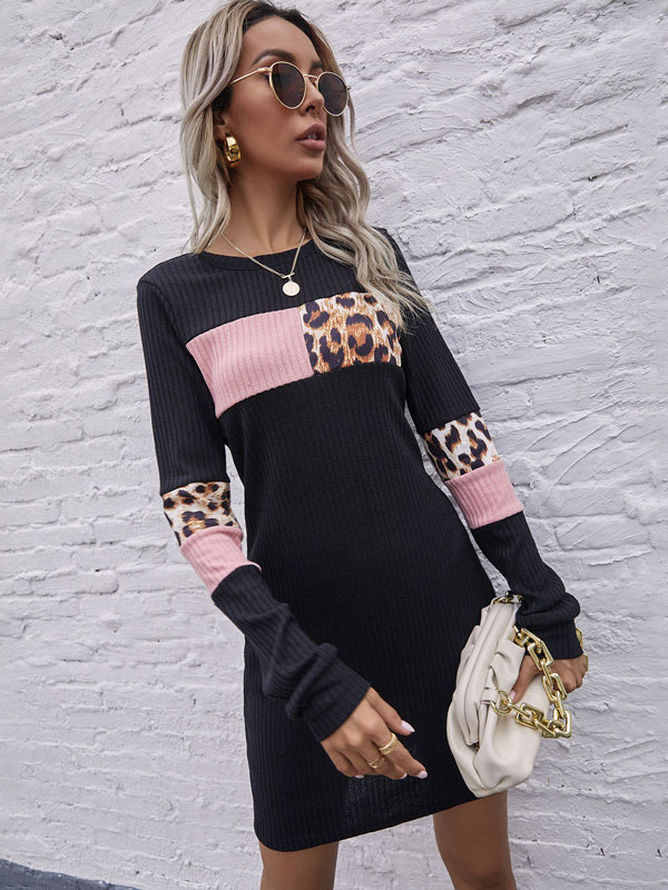 Mode Femme Robes | Robe Pull en Côtélé Femme Imprimé Leopard à Col Rond avec Manches Longues Coupe Cintrée Pull Femme - HJ46831