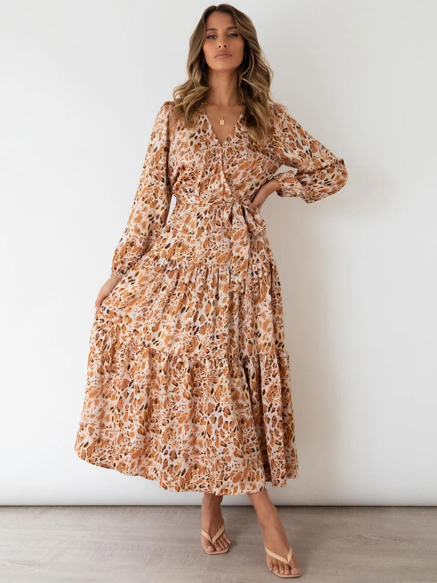 Women's Clothing Dresses | Maxi Dress V Neck Long Sleeves Polyester Floral Printed Long Dress - CZ65763