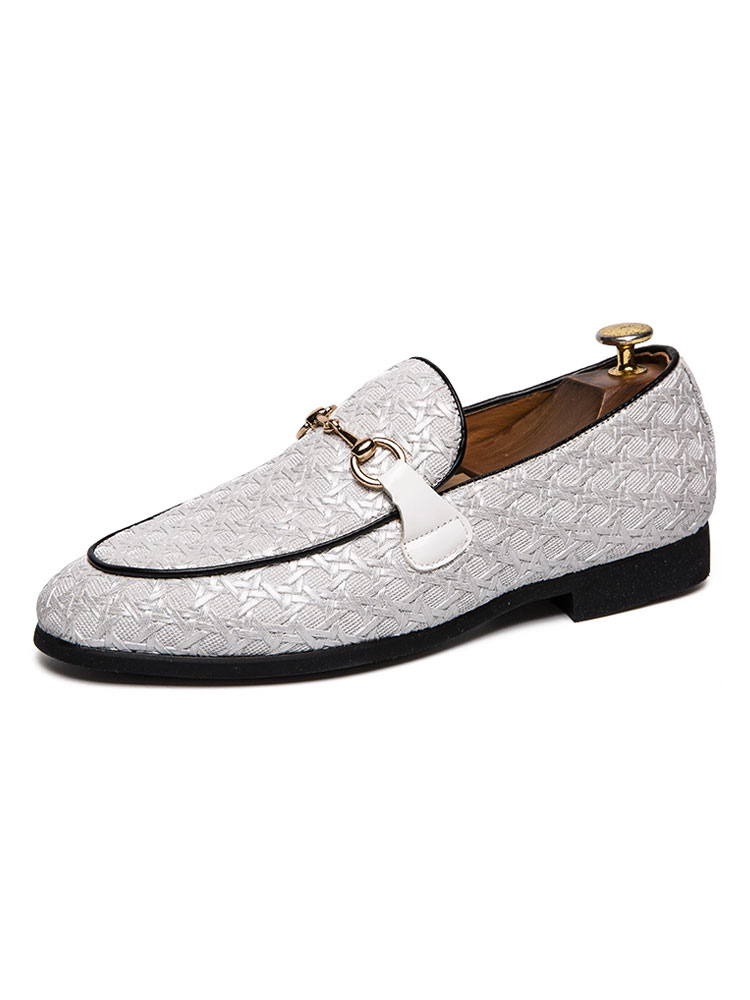 Zapatos de hombre | Mocasines para hombre Mocasines blancos de piel sintética con punta redonda y detalles metálicos sin cordones - SU47281