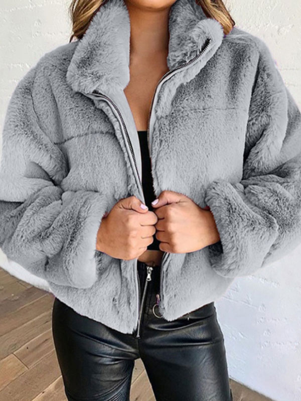 Women's Clothing Outerwear | Faux Fur Coats For Women Long Sleeves Casual Stretch Stand Collar Khaki Winter Coat - BZ50960