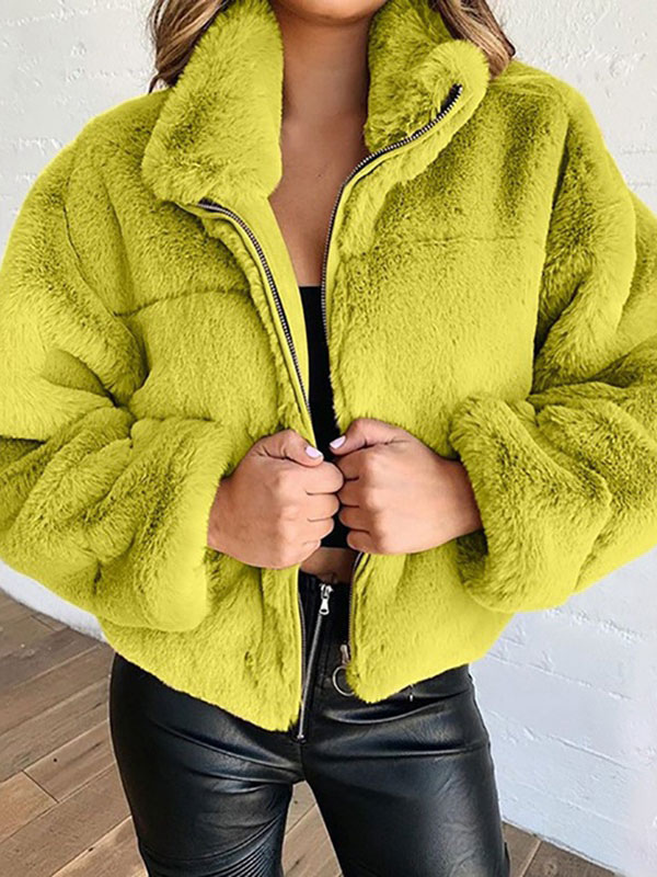 Women's Clothing Outerwear | Faux Fur Coats For Women Long Sleeves Casual Stretch Stand Collar Khaki Winter Coat - BZ50960
