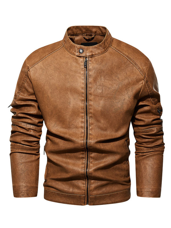Men's Clothing Jackets & Coats | Men's Leather Jackets Zipper PU Leather Thicken Moto Stylish Layered Coffee Brown - AJ16574