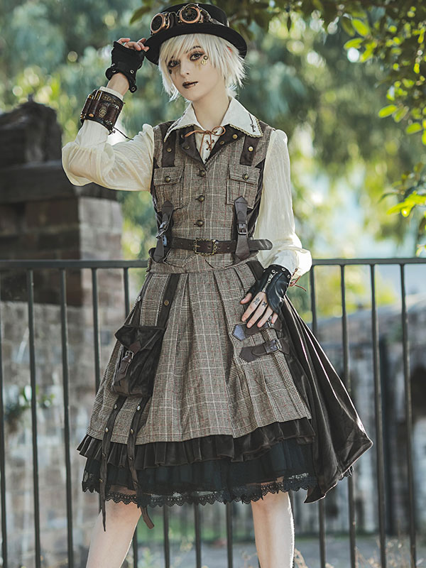 Jupe Steampunk Lolita SK Infanta Coffee Brown Détails en métal Mélange de coton Velours Lolita Overskirt Outfits