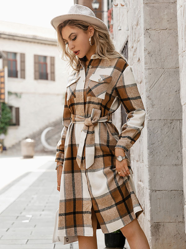 Women's Clothing Dresses | Women Shirt Dress Plaid Pattern Buttons Stretch Polyester Casual Turndown Collar Long Sleeves Midi Dr