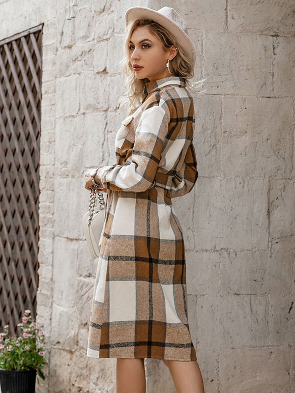 Women's Clothing Dresses | Women Shirt Dress Plaid Pattern Buttons Stretch Polyester Casual Turndown Collar Long Sleeves Midi Dr