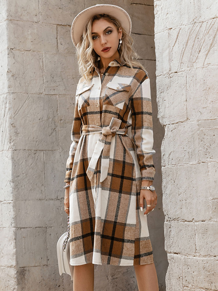 Women's Clothing Dresses | Women Shirt Dress Plaid Pattern Buttons Stretch Polyester Casual Turndown Collar Long Sleeves Midi Dr