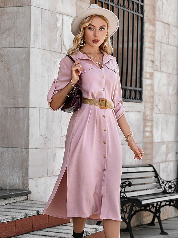 Women's Clothing Dresses | Women Shirt Dress Stretch Polyester Turndown Collar Long Sleeves Casual Midi Dress - XB98090