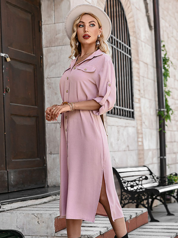 Women's Clothing Dresses | Women Shirt Dress Stretch Polyester Turndown Collar Long Sleeves Casual Midi Dress - JB18246