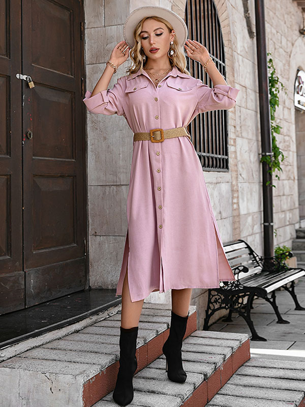 Women's Clothing Dresses | Women Shirt Dress Stretch Polyester Turndown Collar Long Sleeves Casual Midi Dress - JB18246