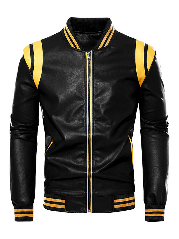 Men's Clothing Jackets & Coats | Men's Leather Jackets Color Block Zipper PU Leather Thicken Stylish Moto Layered Black - DH25881
