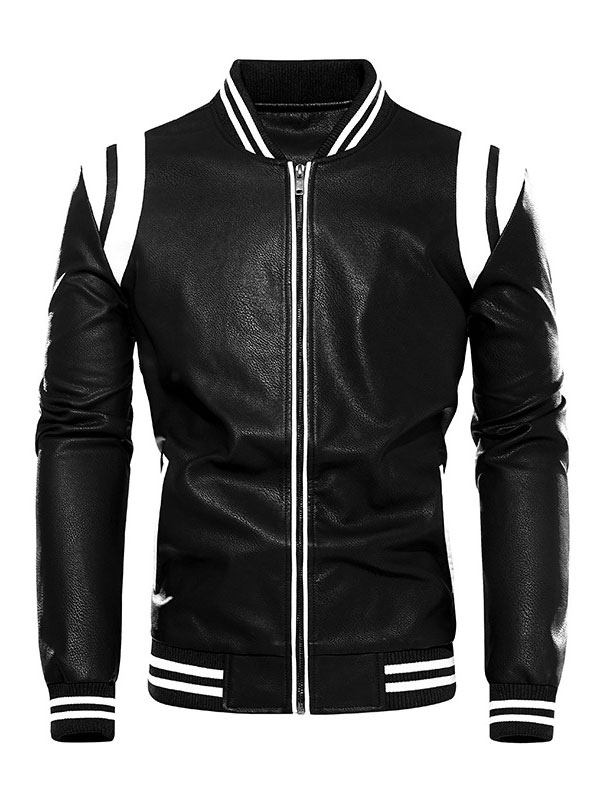 Men's Clothing Jackets & Coats | Men's Leather Jackets Color Block Zipper PU Leather Thicken Stylish Moto Layered Black - DH25881
