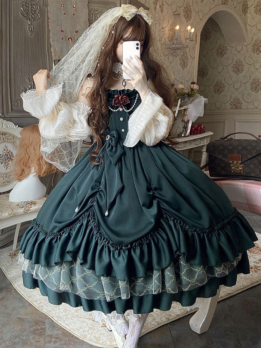 Robe Lolita JSK Classique Vert Encre Volants Arcs Sans Manches Polyester Lolita Jumper Jupe