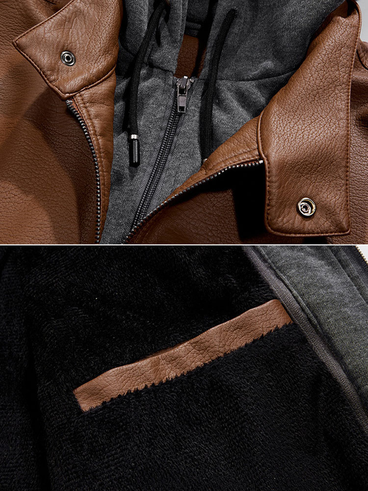 Men's Clothing Jackets & Coats | Men's Leather Jacket Comfy Layered Zipper Color Block Fashion Moto Spring Coffee Brown - BV78197