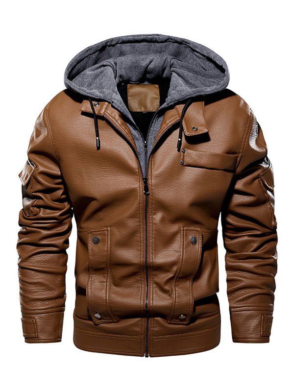 Men's Clothing Jackets & Coats | Men's Leather Jacket Comfy Layered Zipper Color Block Fashion Moto Spring Coffee Brown - BV78197