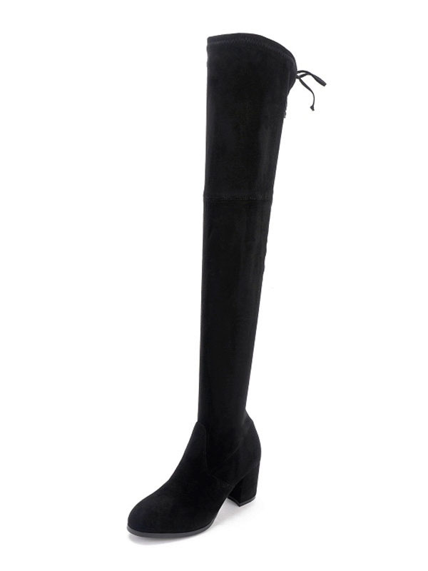 Botas sobre la rodilla para mujer, tacón grueso, punta redonda, micro gamuza,  botas altas negras hasta el muslo - Milanoo.com